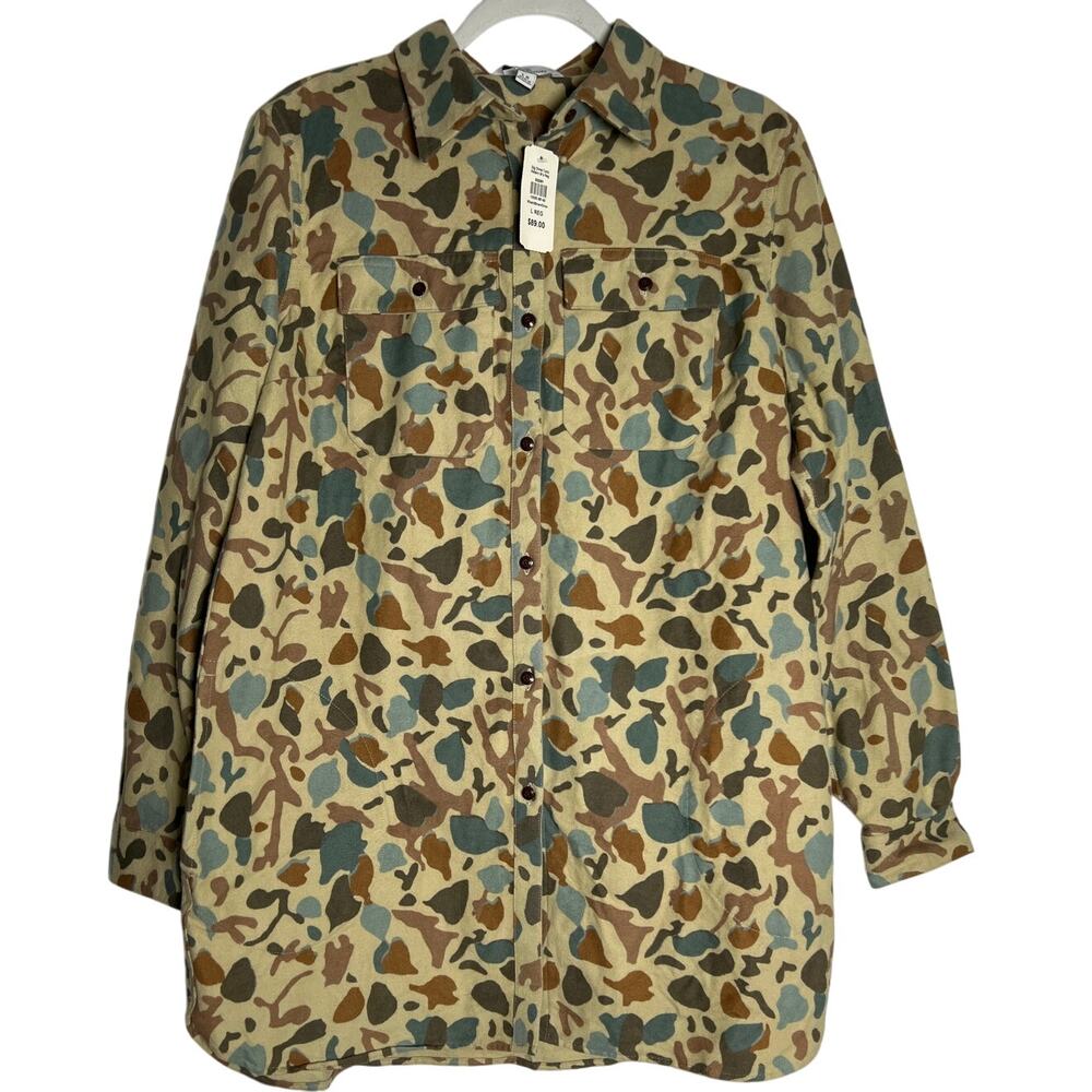 L.L Bean Signature Chamois Tunic Shirt Women's Large Khaki Brown Camo Pocket NWT